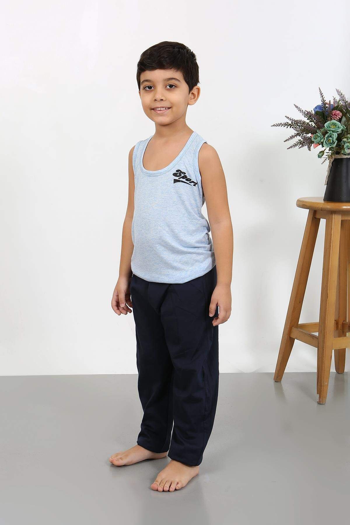 Angelino Erkek Çocuk Sıfır Kol Penye Pijama Takım Mavi 20439