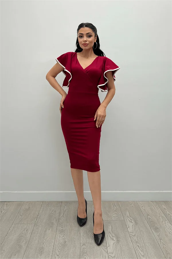 Crep Kumaş Volanlı Elbise – Bordo