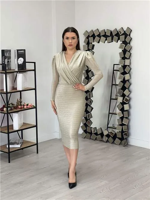 Simli Kalem Elbise - Gold