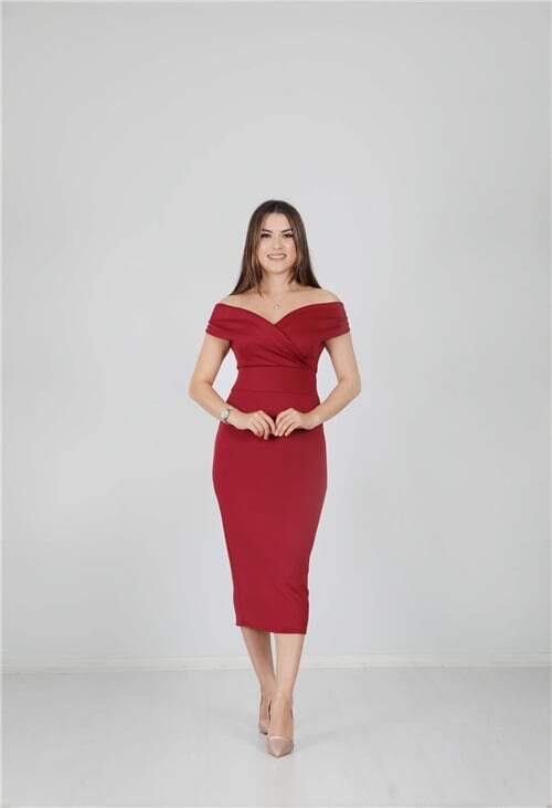 Kayık Yaka Kalem Elbise - Bordo