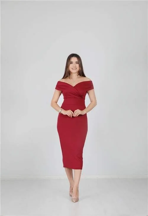 Kayık Yaka Kalem Elbise – Bordo