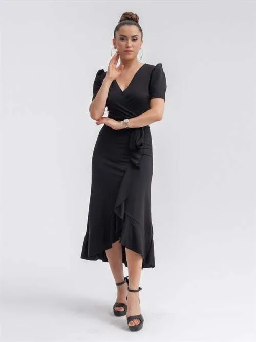 Crep Kumaş Midi Elbise – Siyah