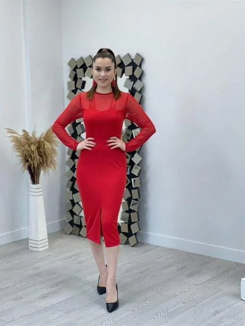 Krep Kumaş Tül Detaylı Kalem Elbise – Kırmızı