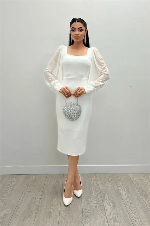 Krep Kumaş Kare Yaka Kalem Elbise – Beyaz