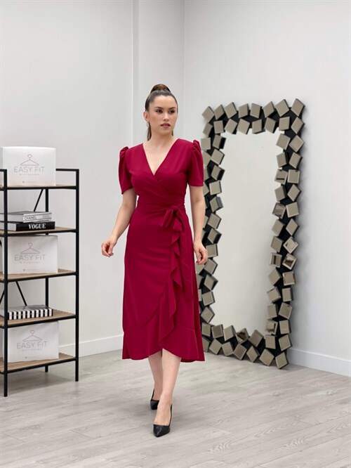 Crep Kumaş Midi Elbise - BORDO