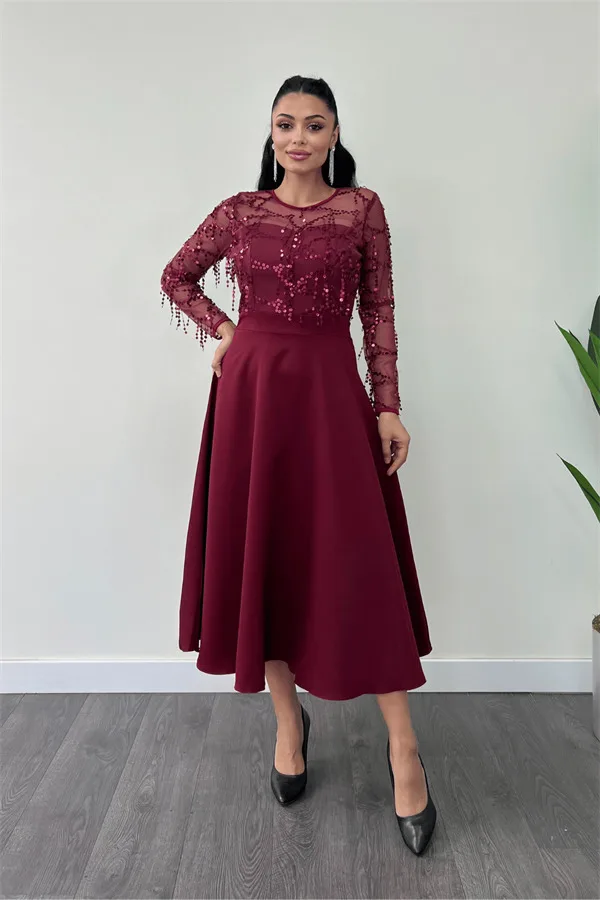 Üst Saçaklı Payet Alt Double Kumaş Midiboy Elbise – Bordo