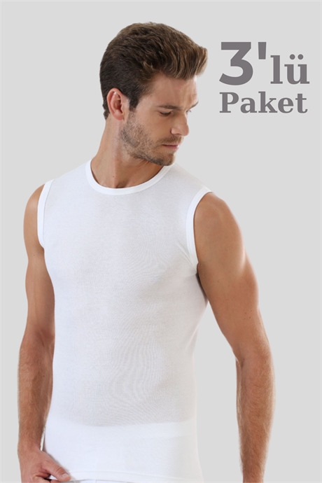 3'lü Paket Beyaz Kolsuz Erkek Atlet Yuvarlak Yaka Sıfır Kol Tişört %100 Pamuklu