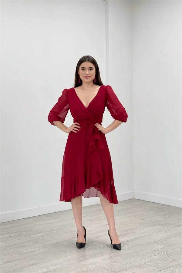 Şifon Kumaş Volan Detaylı Abiye Elbise – Bordo
