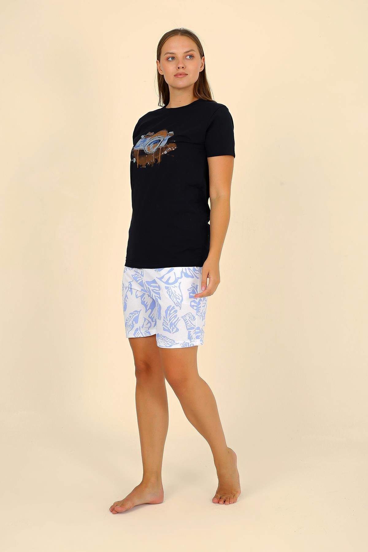 Kadın Şortlu Kısa Kol Penye Pijama Takımı Siyah 3624