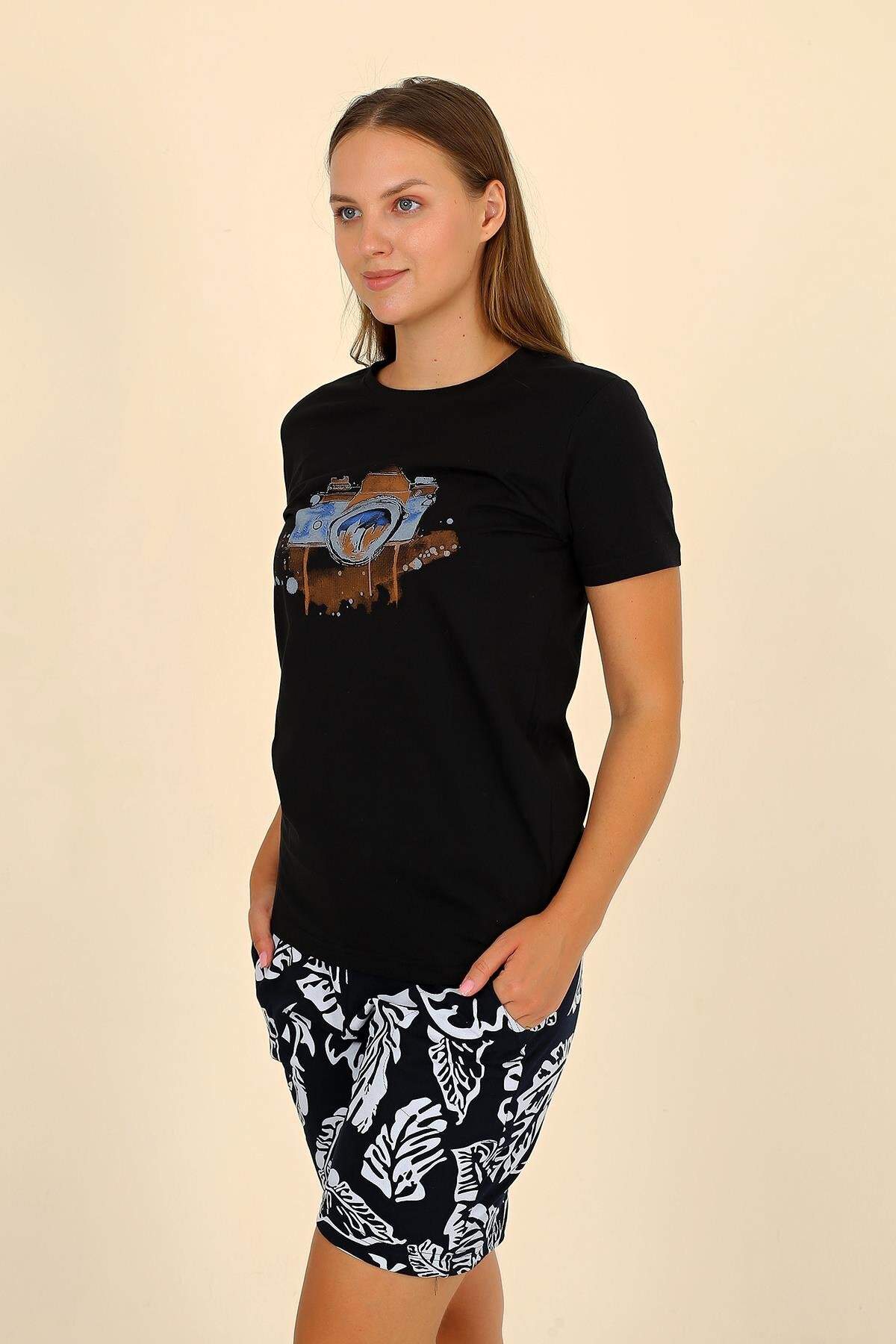 Kadın Şortlu Kısa Kol Penye Pijama Takım Siyah 3622