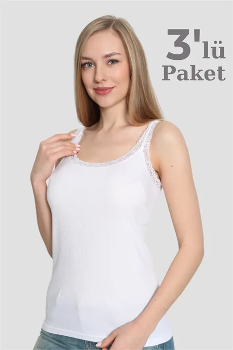 Angelino İç Giyim Kadın İnce Askılı Dantelli Atlet 3'Lü Paket – Beyaz