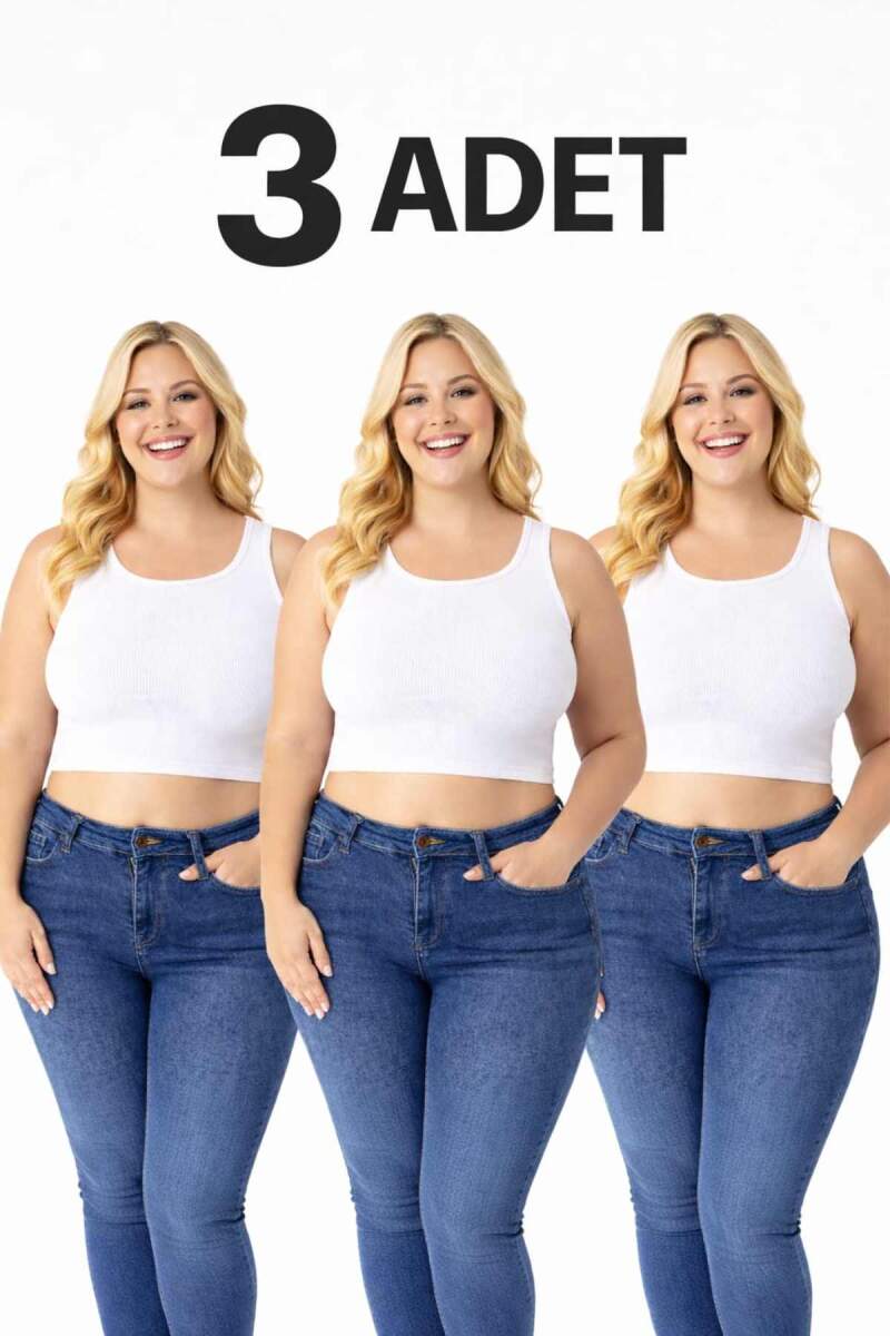 Büyük Beden Çok Esnek Beyaz Kadın Fitilli Crop Kaşkorse Atlet Kalın Askılı Basic 40-50 3 ' lü Paket