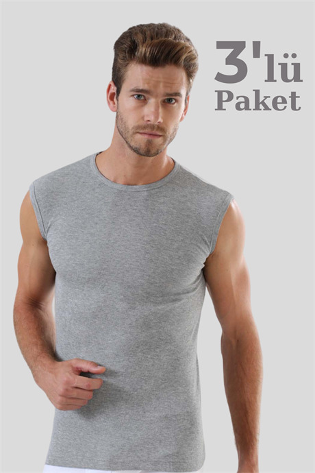 3'lü Paket Gri Kolsuz Erkek Atlet Yuvarlak Yaka Sıfır Kol Tişört %100 Pamuklu