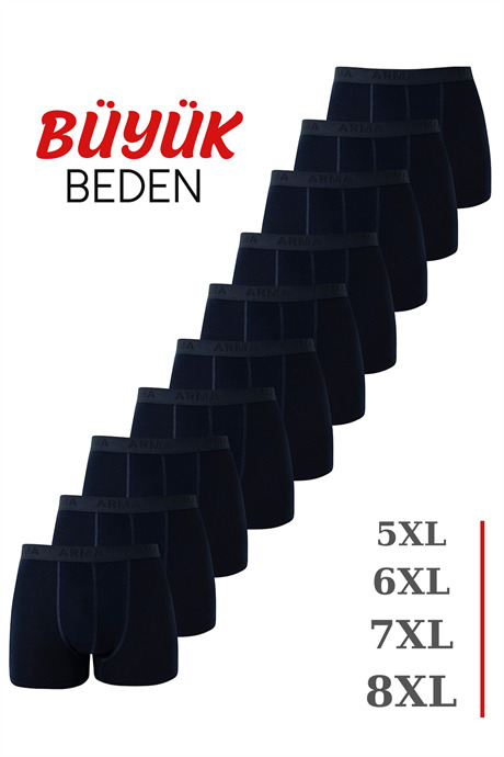 Lacivert 10'lu Paket Büyük Beden Erkek Boxer Pamuklu Likralı