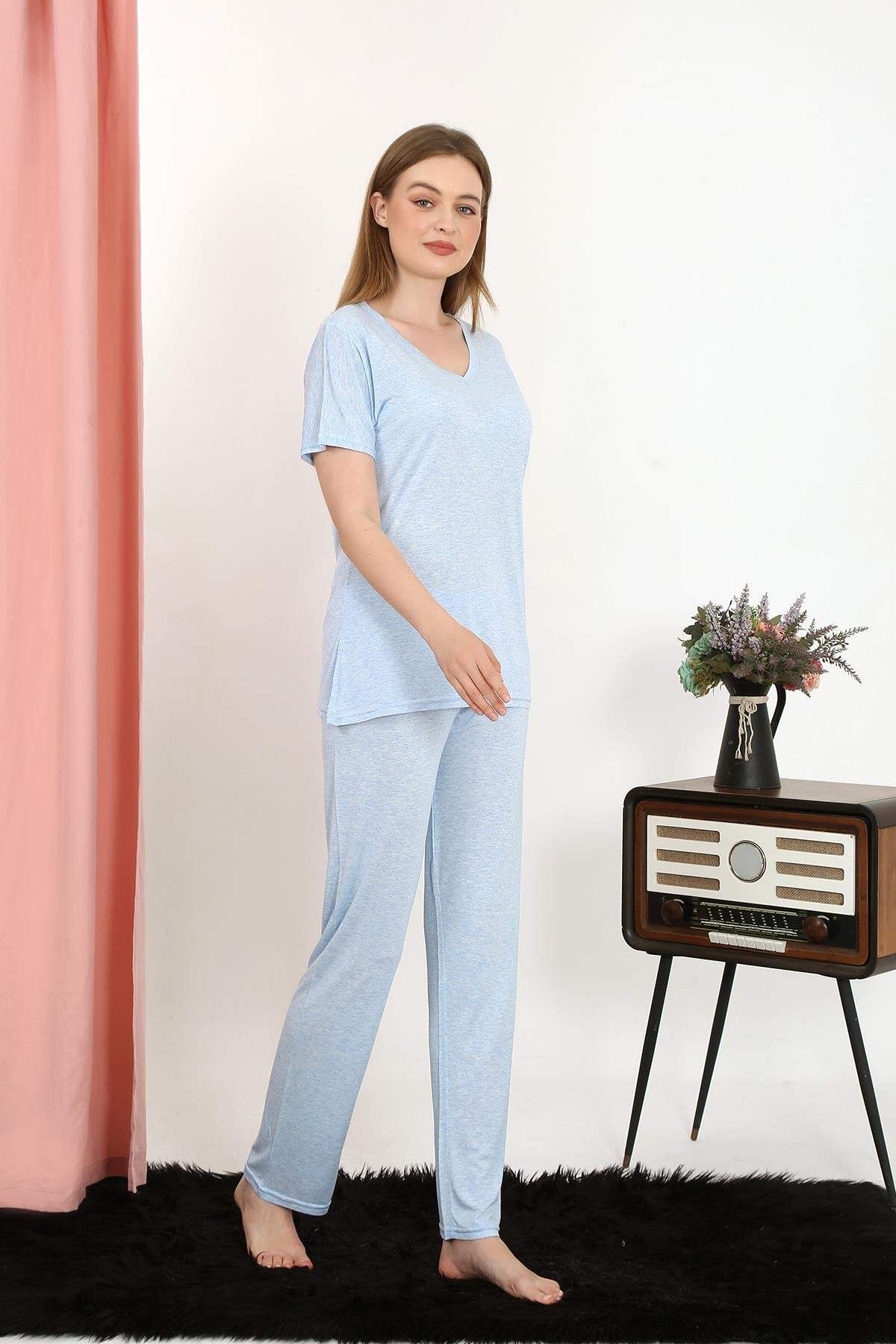 Kadın Kısa Kol Pamuk Penye Pijama Takım Mavi 4213