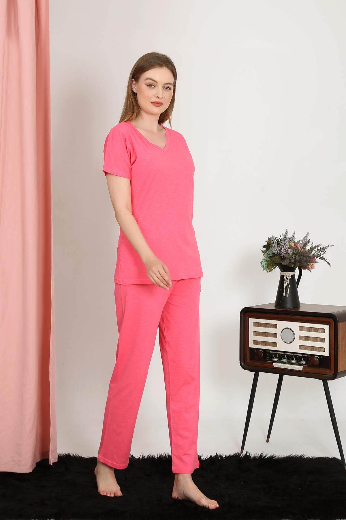 Kadın Kısa Kol Pamuk Penye Pijama Takım Fuşya 4213