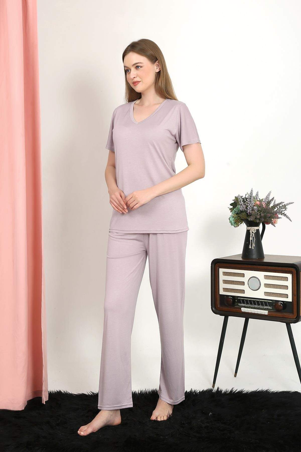Kadın Kısa Kol Pamuk Penye Pijama Takım Pudra 4213