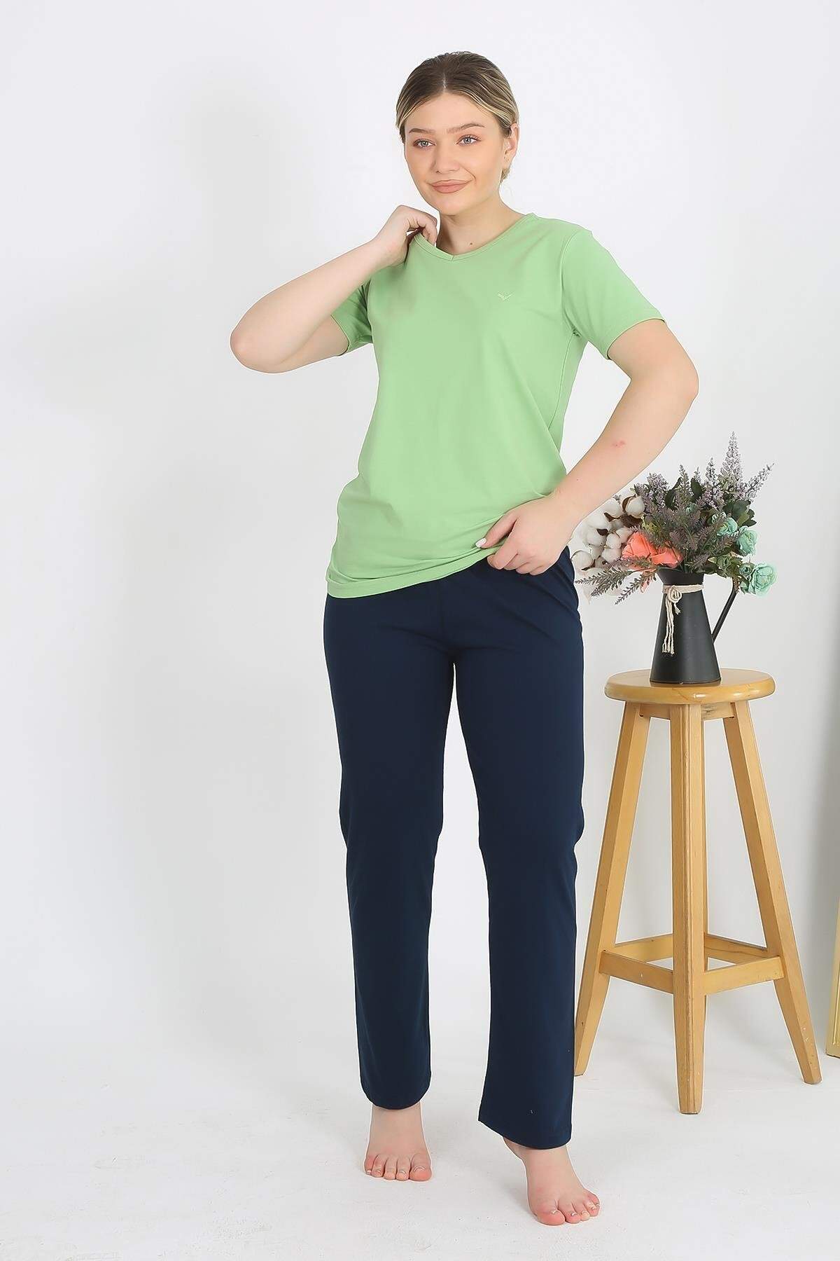 Kadın Kısa Kol Pamuk Penye Pijama Takım Fıstık Yeşili 4215