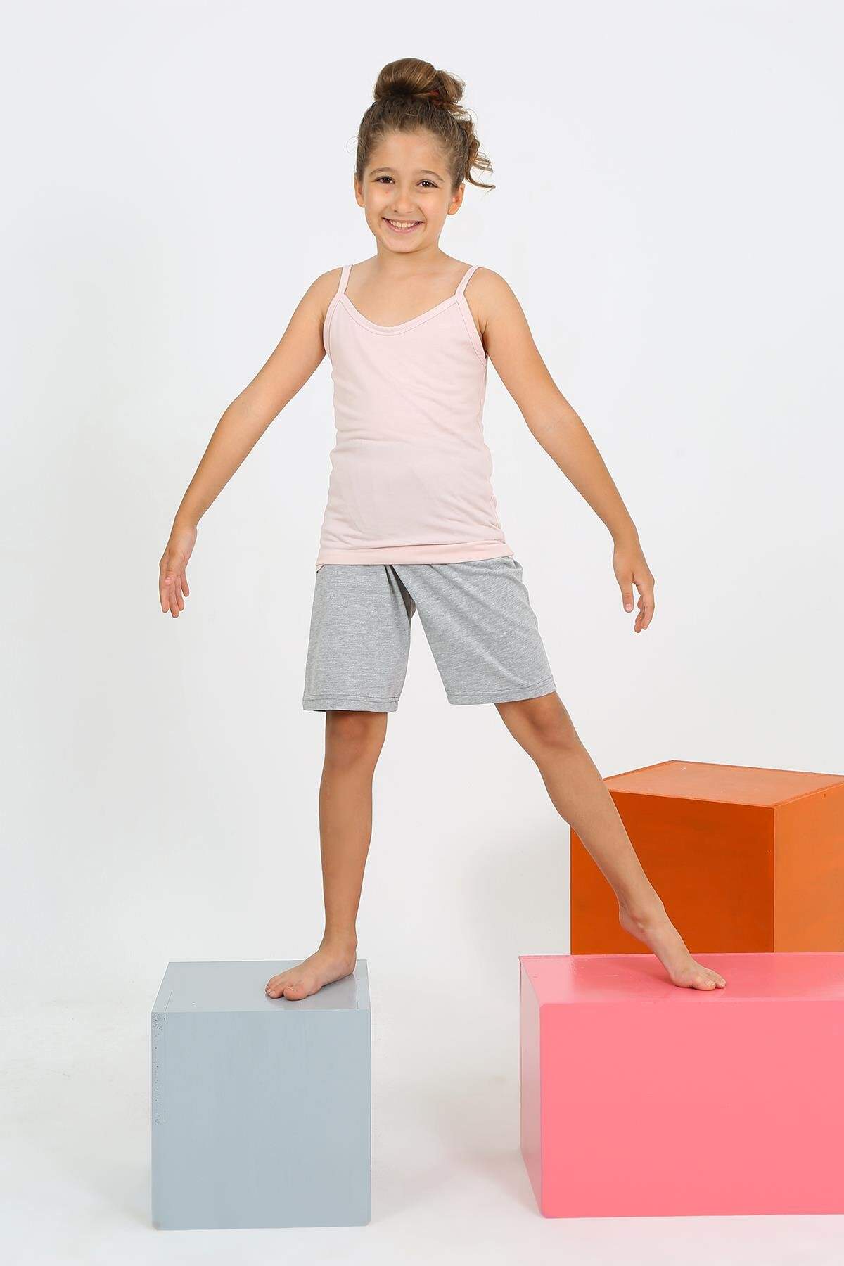 Kız Çocuk İp Askılı Şortlu Penye Pembe Pijama Takım 20430