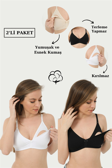 2'li Paket Beyaz - Siyah Emzirme Sütyeni Pamuklu Likralı