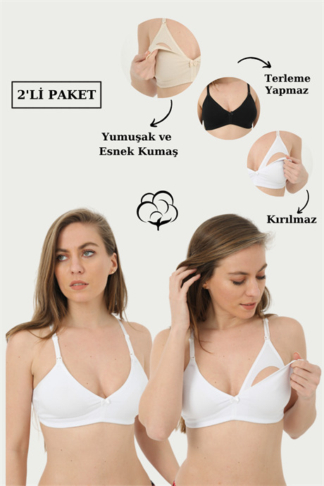 2'li Paket Beyaz Emzirme Sütyeni Pamuklu Likralı