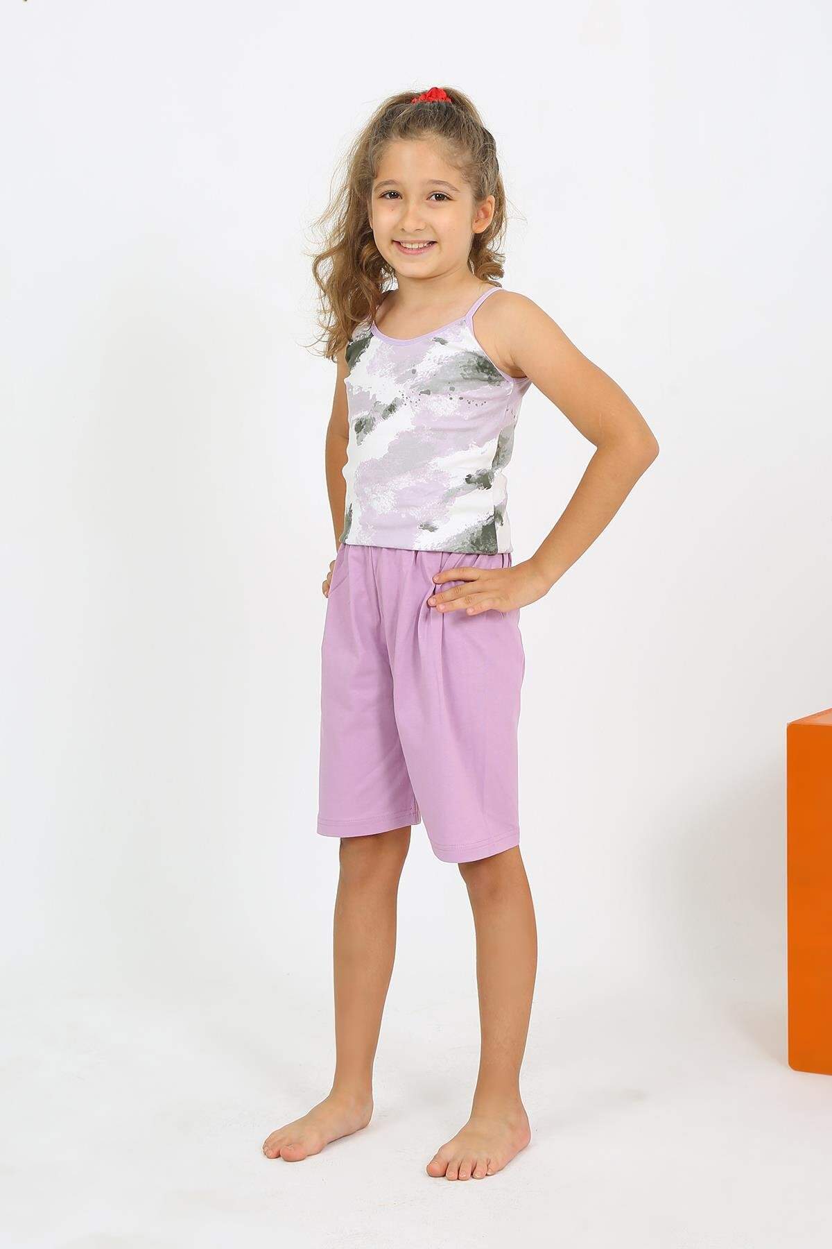 Kız Çocuk İp Askılı Şortlu Penye Lila Pijama Takım 20430