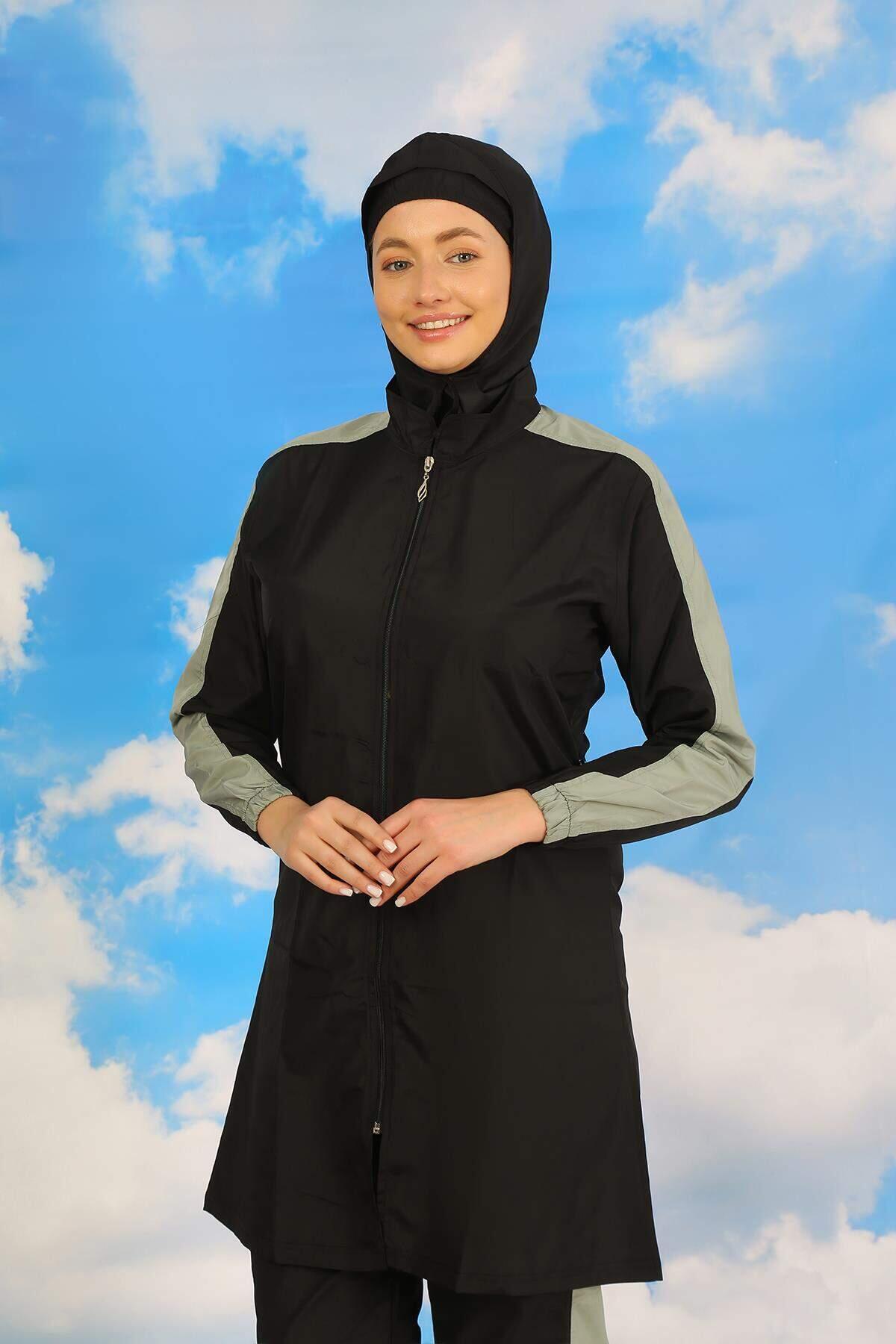 Kadın Pantolonlu Kolu Şeritli Tam Tesettür Mayo Siyah 31066