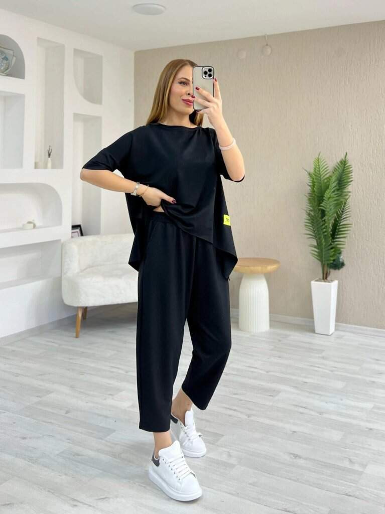 Kadın Kısa Kollu Bisiklet Yaka Viskon İki İplik Bluz Ve Pantolon İkili Takım