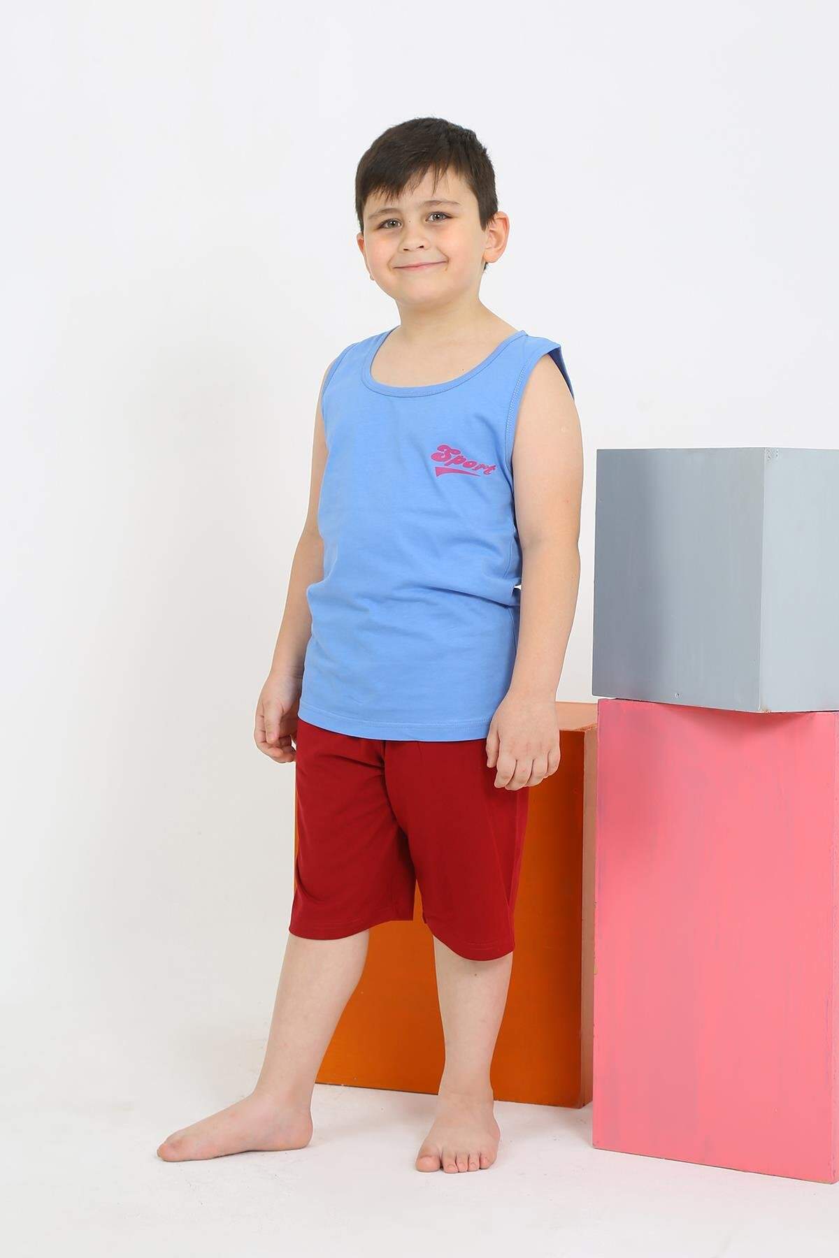 Erkek Çocuk Sıfır Kol Şortlu Mavi Penye Pijama Takımı 20434