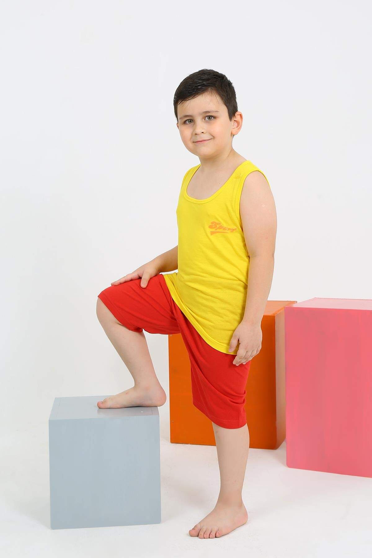 Erkek Çocuk Sıfır Kol Şortlu Sarı Penye Pijama Takımı 20434