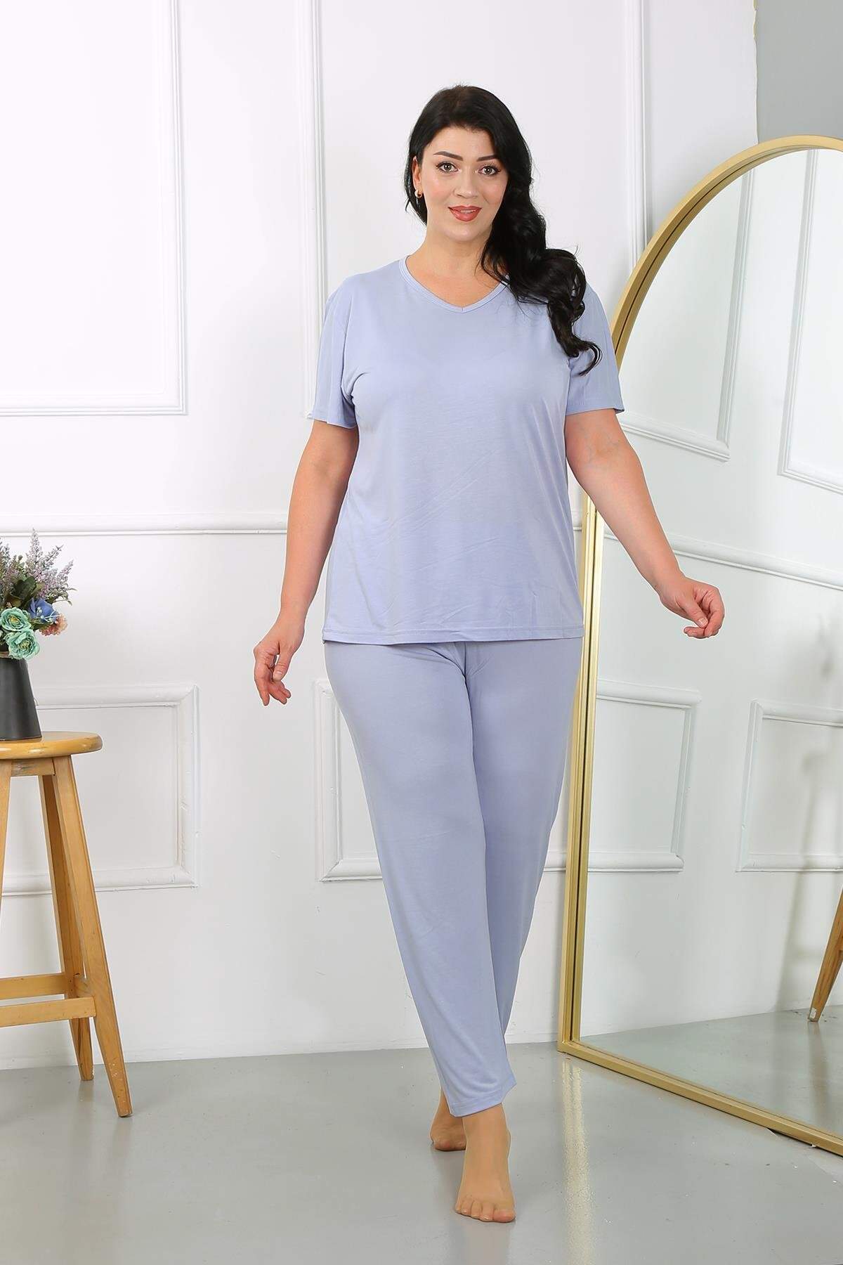 Kadın Büyük Beden Kısa Kol Penye Pijama Takımı Lila 202405