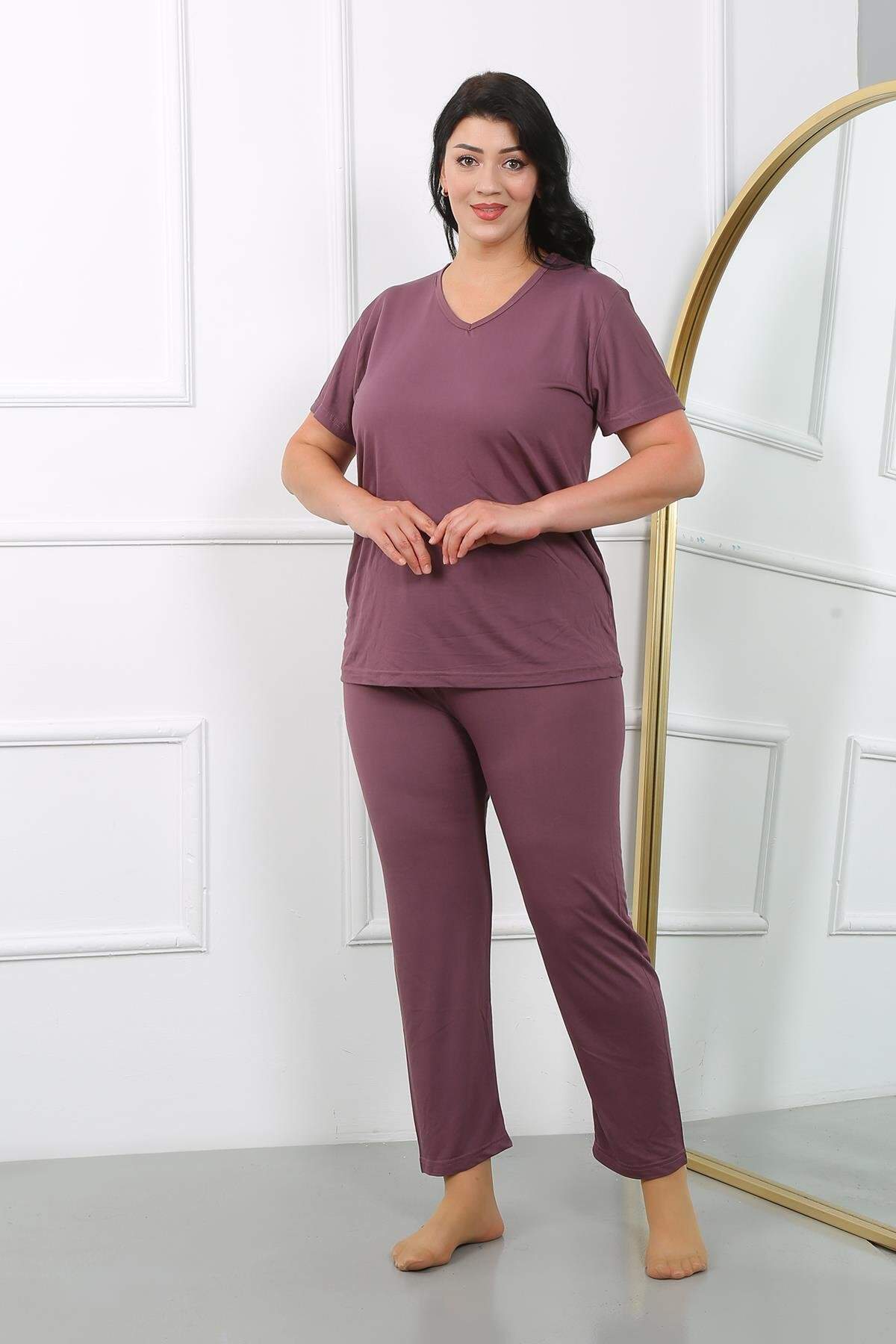 Kadın Büyük Beden Kısa Kol Penye Pijama Takımı Mürdüm 202405