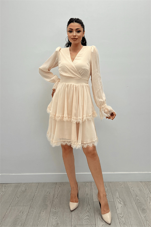 Sifon Kumaş Kruvaze Yaka Mini Elbise - KREM