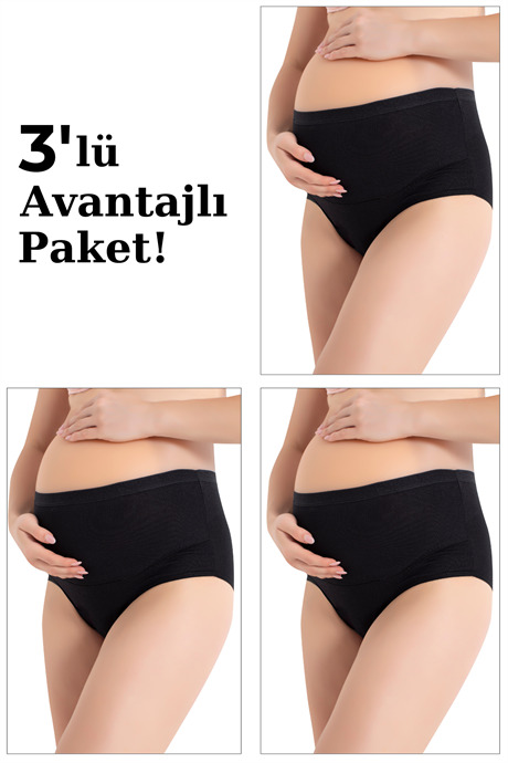 %100 Pamuk Toparlayıcı Hamile Külodu Siyah 3'lü Paket