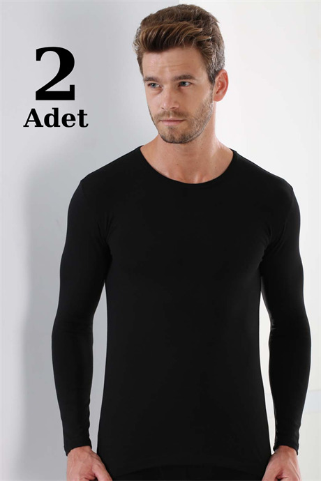 Siyah 2'li Paket Erkek Badi Uzun Kollu T-Shirt Bisiklet Yaka Basic %100 Pamuk Ribana