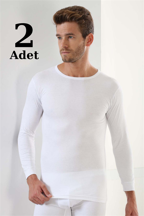 Beyaz 2'li Paket Erkek Badi Uzun Kollu T-Shirt Bisiklet Yaka Basic %100 Pamuk Ribana