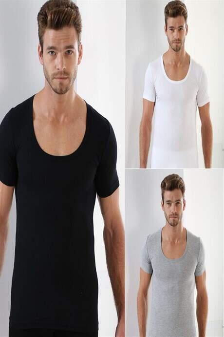 Erkek Beyaz Siyah Gri T-Shirt Bisiklet Yaka Kısa Kollu %100 Pamuk 3'lü Paket