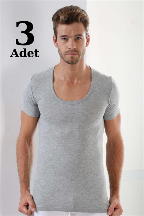 Erkek Gri T-Shirt Bisiklet Yaka Kısa Kollu %100 Pamuk 3'lü Paket