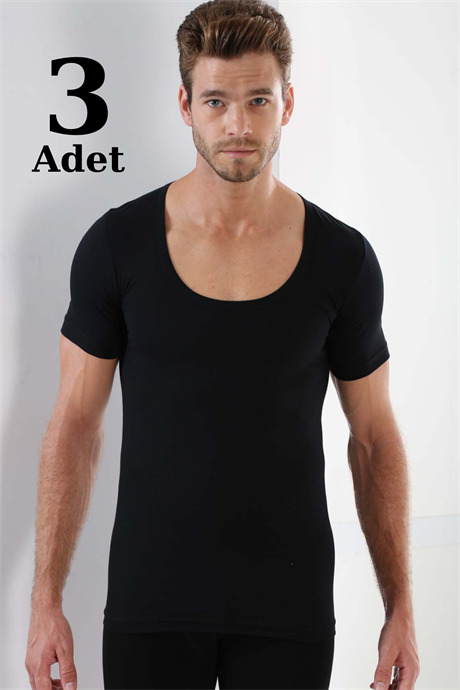 Erkek Siyah T-Shirt Bisiklet Yaka Kısa Kollu %100 Pamuk 3'lü Paket