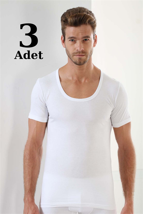 Erkek Beyaz T-Shirt Bisiklet Yaka Kısa Kollu %100 Pamuk 3'lü Paket