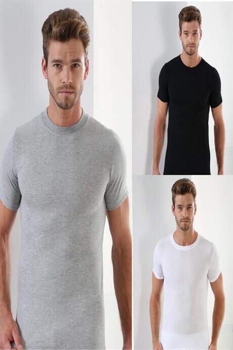 Erkek T-Shirt Beyaz Siyah Gri Sıfır Yaka Kısa Kollu 3'lü Paket %100 Pamuk
