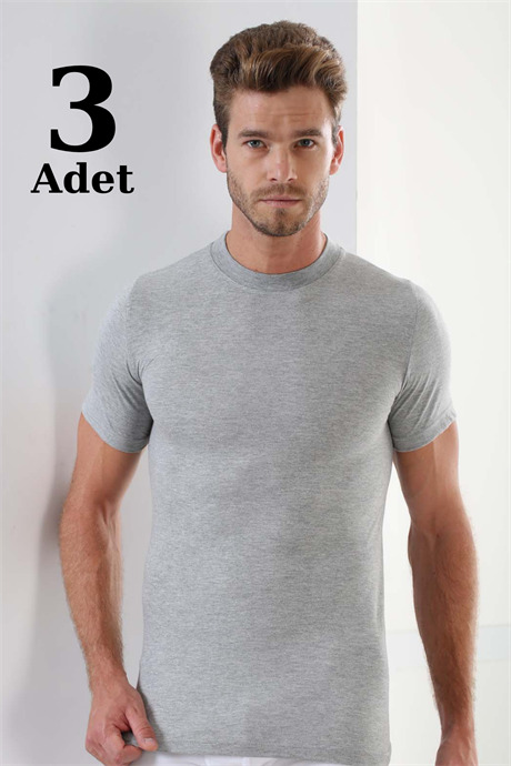 Erkek Gri T-Shirt Sıfır Yaka Kısa Kollu 3'lü Paket %100 Pamuk