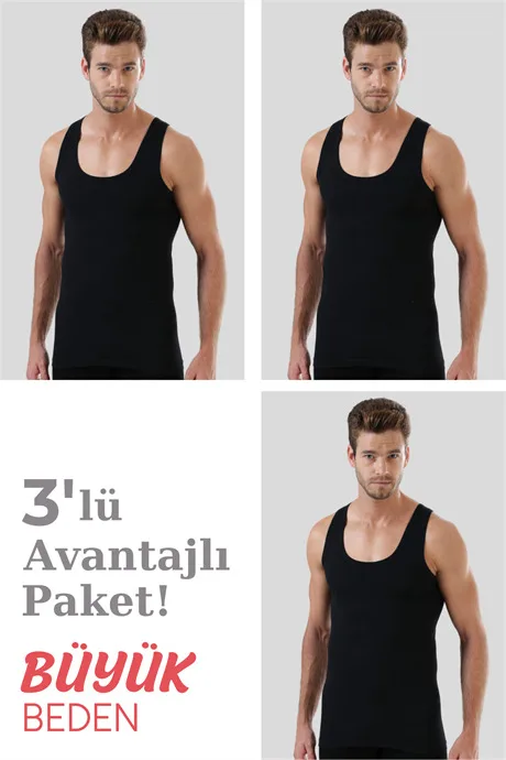 3'lü Paket Erkek Büyük Beden Atlet %100 Pamuk – Siyah