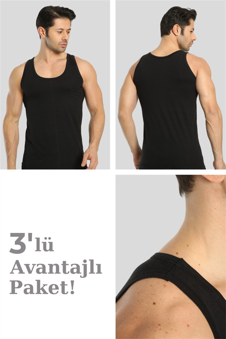 Erkek Siyah Loklu Atlet 3'lü Paket %100 Pamuklu