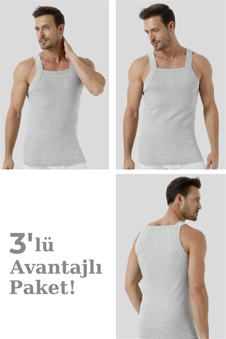 %100 Pamuk Ribana Erkek Gri Geniş Biyeli Atlet 3'lü Paket