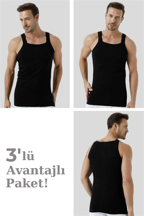%100 Pamuk Ribana Erkek Siyah Geniş Biyeli Atlet 3'lü Paket