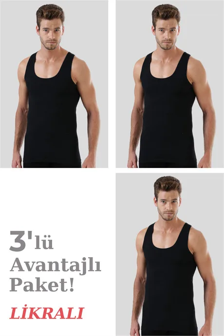 Pamuklu Likralı Erkek Atlet 3'lü Paket – Siyah