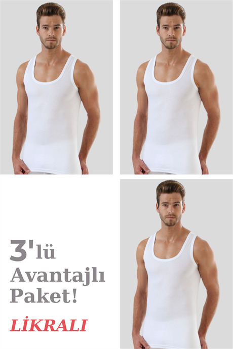 Beyaz Pamuklu Likralı Erkek Atlet 3'lü Paket