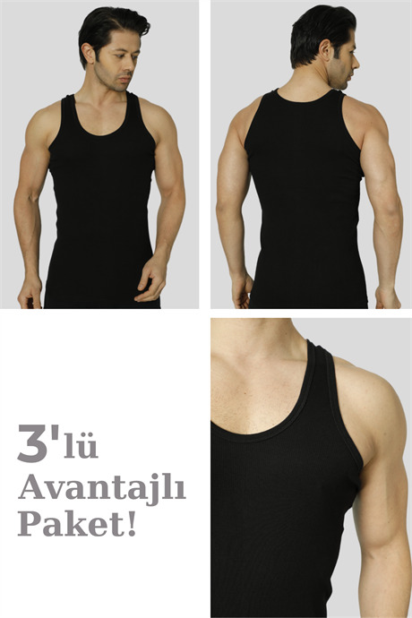 Erkek Siyah Fitilli Kaşkorse Atlet 3'lü Paket Likralı