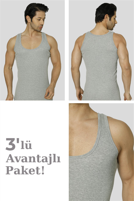 Erkek Gri Fitilli Kaşkorse Atlet 3'lü Paket Likralı
